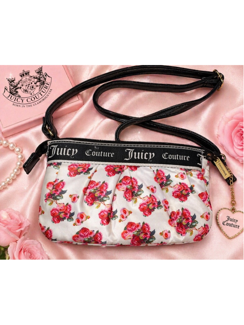 Juicy Couture Floral Crossbody Bag Y2K Mini Purse Pink Roses Black Strap